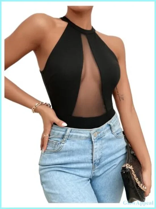 Halter Neck Sleeveless Sheer Mesh Bodysuit Cut Out See Through Tank Top
