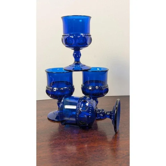 Vintage Cobalt Blue Goblets Set of 4 Paneled Stem Wine Water Glasses 4.5