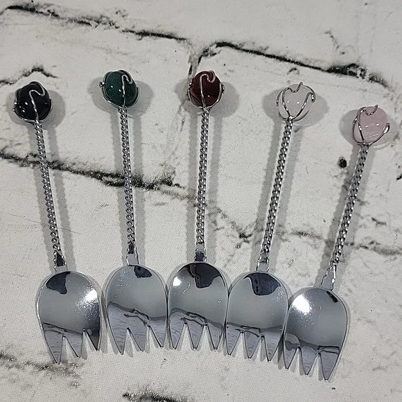 Quartz Topped Cocktail Sporks Silver-tone Wire‎ Wrapped Glossy Stones Set Of 5