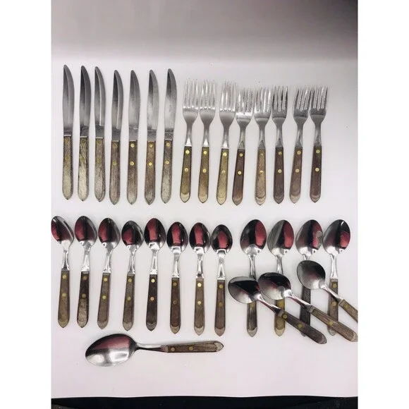 Town & Country USA Vintage Flatware Set 31 Pc Wood Handle Stainless Knives Forks