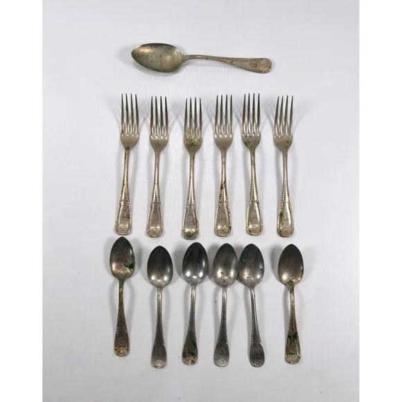 Vintage Brazil Silver 6 Forks -‎ 6 Spoons &  1 Serving Spoon Monogram 