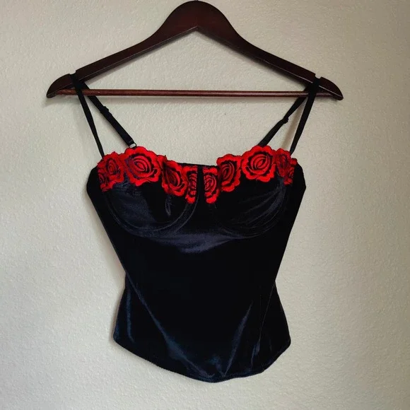 Black Velvet Bustier Corset Top Red‎ Rose Floral Embroidery Vamp Goth Romantic