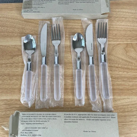 Vintage Reader Service Clear Cutlery Set 6pc Stainless Steel Frosted Handles