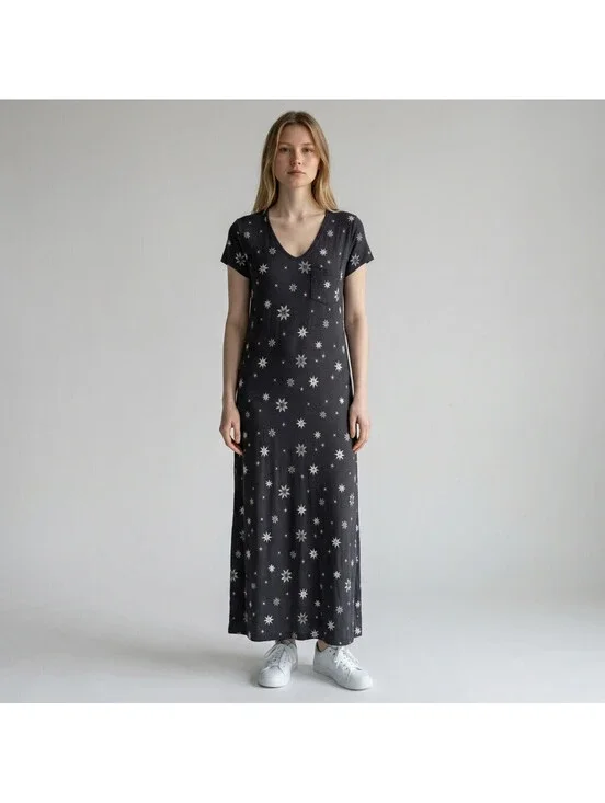 Soma Night Gown Women S Small Black Geometric V-Neck Short Sleeve Pockets Rayon