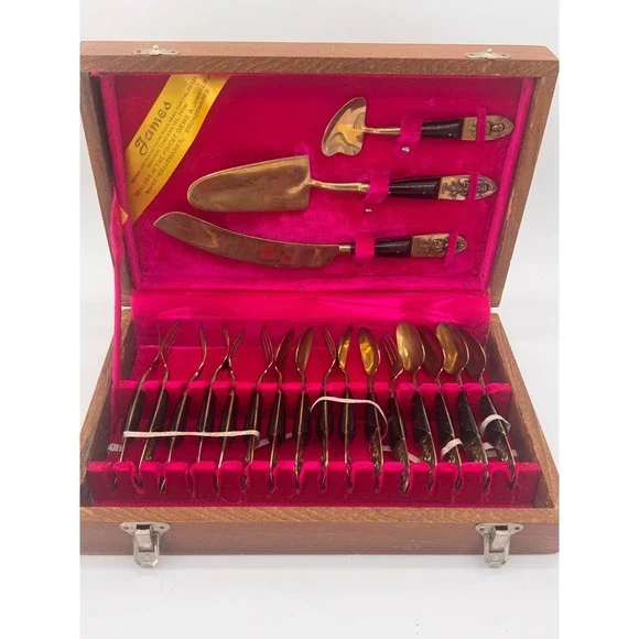 Vintage James Thailand Nickel Bronze Dessert Utensil Set 19pc Siam Goddess Case