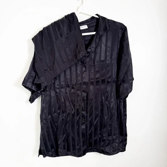 Tommy John Pajama Set Women Large Black Striped Satin Short Sleeve Shirt Shorts