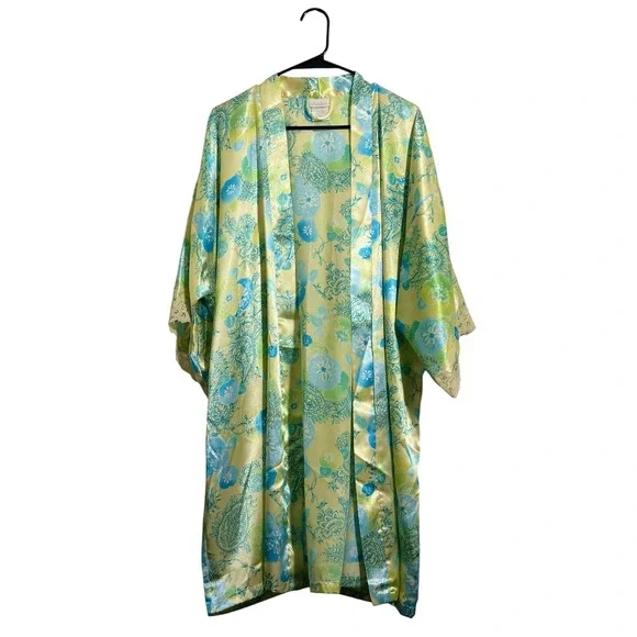 Secret Treasures Kimono Robe Tender Lemon Floral Paisley Lace Trim Satin Size XL