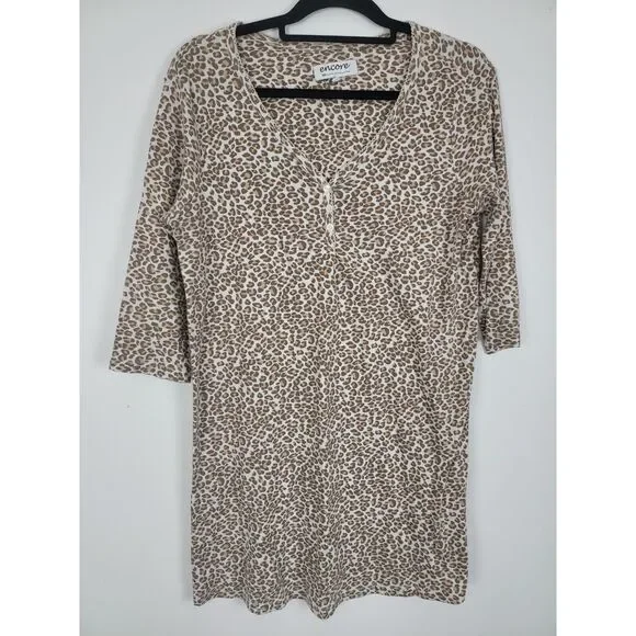 Karen‎ Neuburger Encore Pajama Dress M Womens Brown White Animal Print Sleepwear