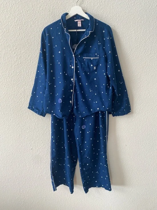 Victoria's Secret Celestial Plant Space Navy and White Cotton Modal Pajama Set M