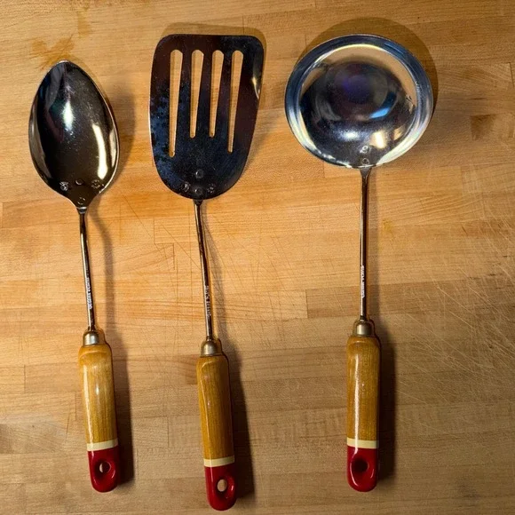 Vintage Ekco Chief Kitchen Utensils Red Wood Handle Stainless Steel. Made In USA