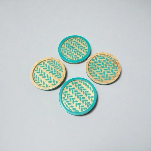 4 Handmade Wooden Blue Patterned Drink Coasters