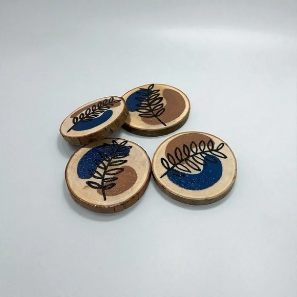 4 Handmade Coasters Brown and Blue with Flowers