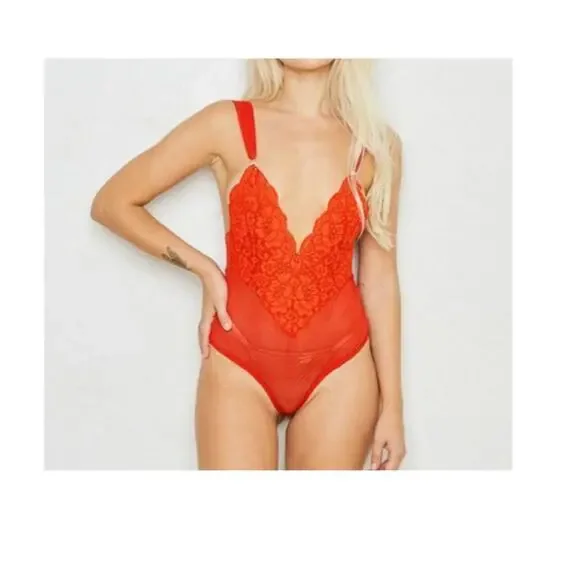 New ~ Hot as Hell We Are HAH Red Sheer Lace Bodysuit V- Plunge XS Baddie
