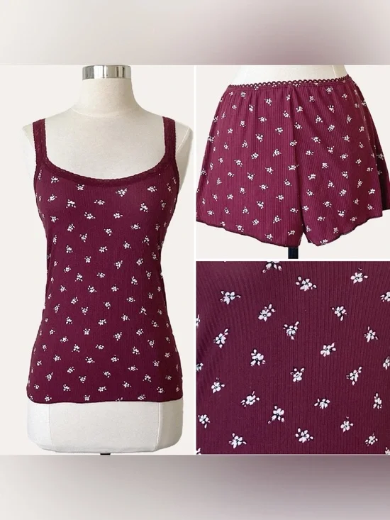 Berry Toned Ribbed Ditsy Floral Cami and Shorts Set
