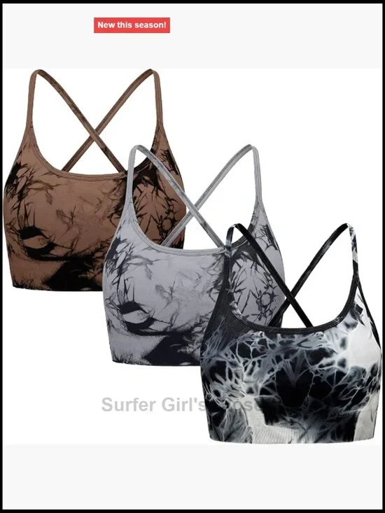 3 Pack Seamless Tie-dye Strappy Sports Bras Low Impact Yoga Crop Top