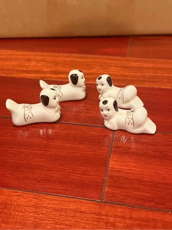 Vintage Ceramic Baby Dog Chopstick Rests Set of 4 - White with Black Accents