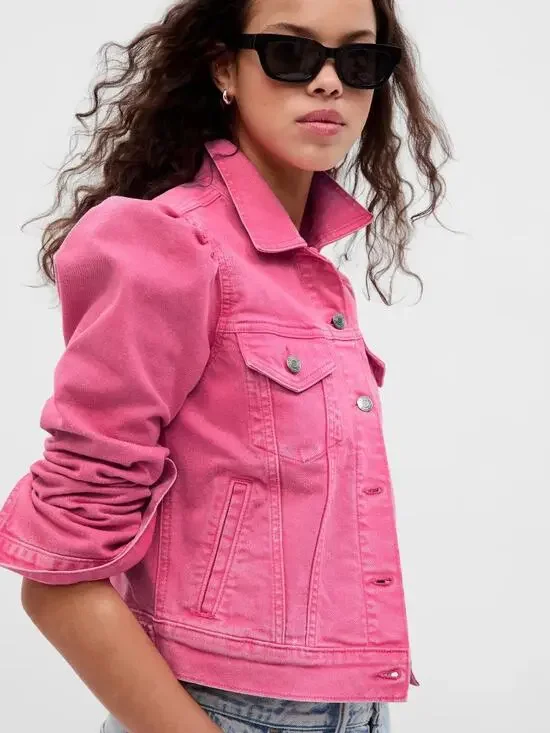 Gap × Barbie Puff Sleeve Denim Jean Trucker Jacket Pink Women's Medium NWT