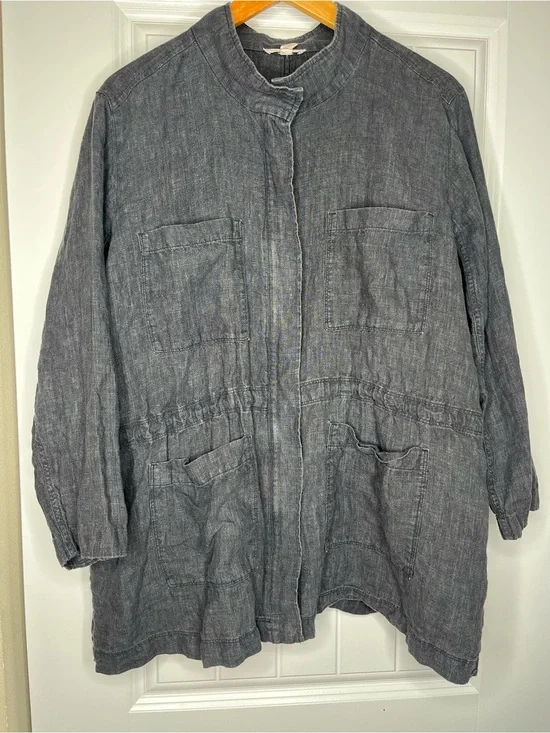 Eileen Fisher Washed Organic Linen Délavé Stand Collar Jacket Womens Large Gray