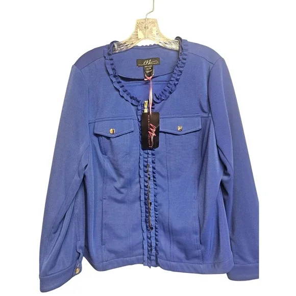Midnight Velvet Womens Royal Blue Ruffle Trim Zip Front Jacket Size 16 NWT