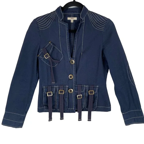 HENDI Women Navy Cotton Military Style Jacket Size S Button Front Pocket Details