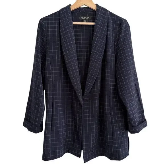 RACHEL‎ ZOE Open Front Knit Blazer Jacket Navy Blue Windowpane Check Preppy S