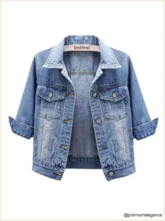 Cropped Denim Jacket 3/4 Sleeve Button Up Trucker Coat Lightweight