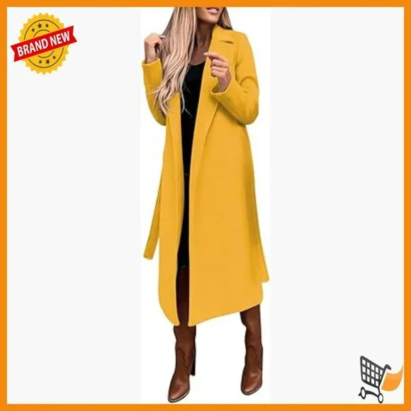 Long Wool Blend Pea Coat with Belt, Notched Collar, Open Front Trench Style