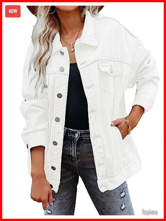 Women's Oversized Denim Jacket Long Sleeve Button Front Jean Coat