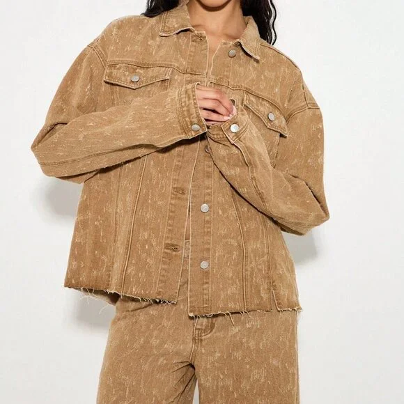 Brown Casual Women's Oversized Denim Trucker Jacket