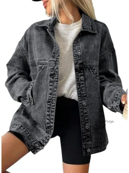 Womens Denim Jacket Long Sleeve Button Front Jean Jacket Coat with Pockets