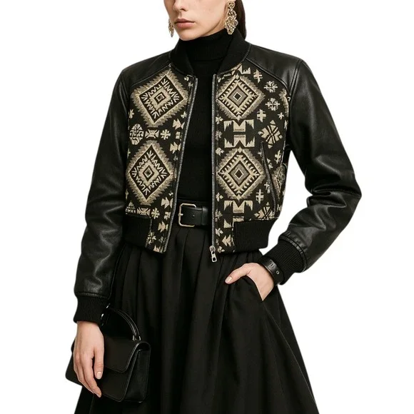 Women's Faux Leather Aztec Embroidered Bomber Jacket Small‎ Boho Tribal Festival