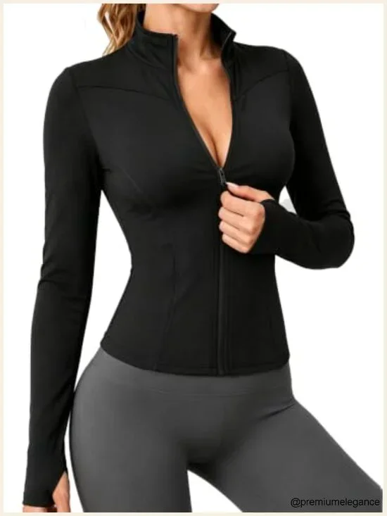 Zip Up Long Sleeve Athletic Jacket Lightweight Stand Collar Cropped Length Slim