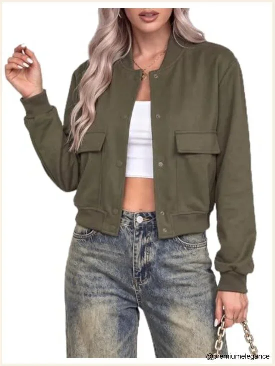 Women Bomber Jacket Button Down Varsity Casual Shacket Lightweight Fall