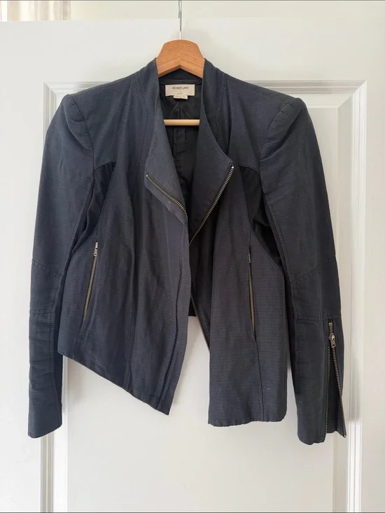 Helmut Lang Charcoal Asymmetrical Zip Leather-Trim Jacket
