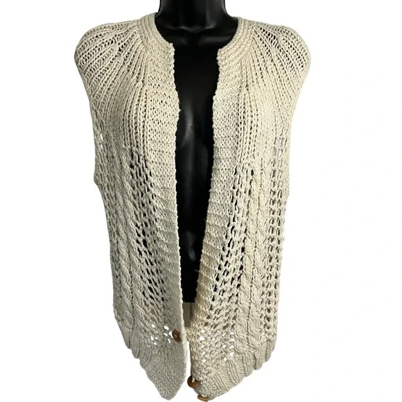 Simply Times Cream Knit Open Front Vest Sweater Size L Silk‎ Blend Vintage