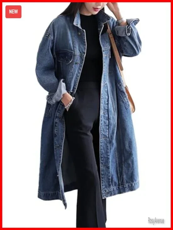Long Sleeve Button Down Denim Trench Coat Plus Size Loose Jacket