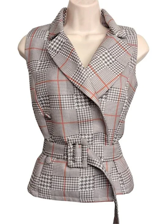 PLAINS & PRINTS Plaid Vest Jacket Sleeveless Belted Houndstooth Gray White 6
