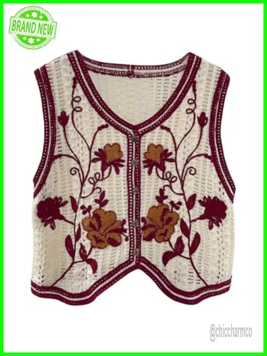 Embroidered Floral Crochet Vest Button Crop Top