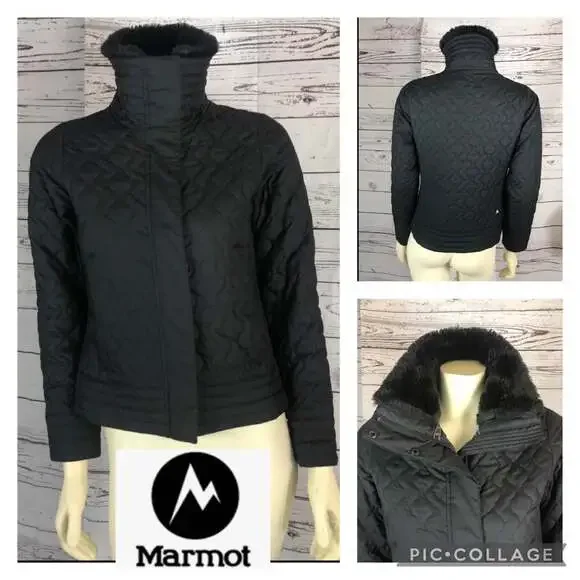 Marmot “St Moritz” Black Quilted Puffer Coat with faux Fur Collar size small