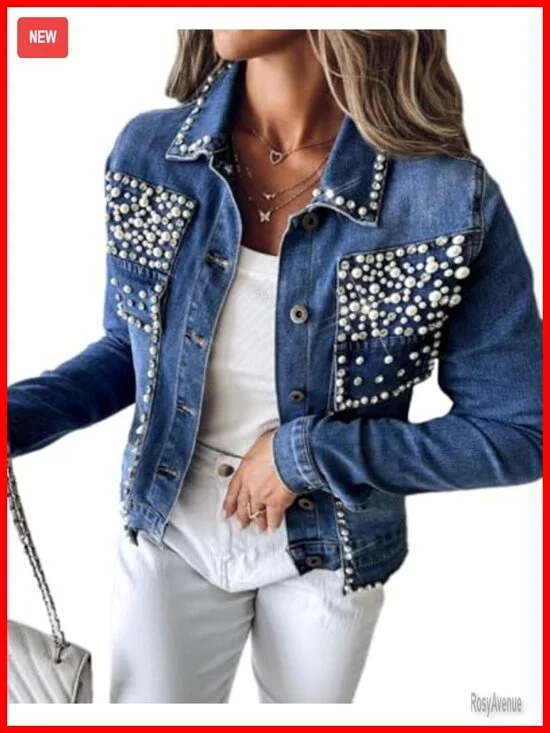 Pearls Denim Jacket Cropped Rhinestones Jean Blazer Coat