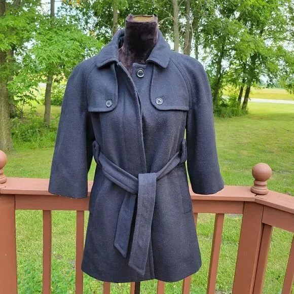 GAP Women's Dark Navy Wool Button-Down Belted Waist Pea Coat Size M