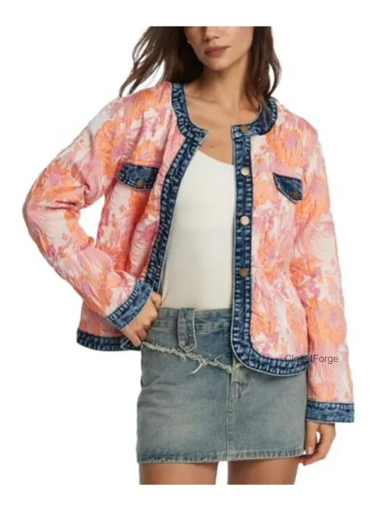 Floral Jacquard Denim Jacket Cropped Long Sleeve Button Down Jacket