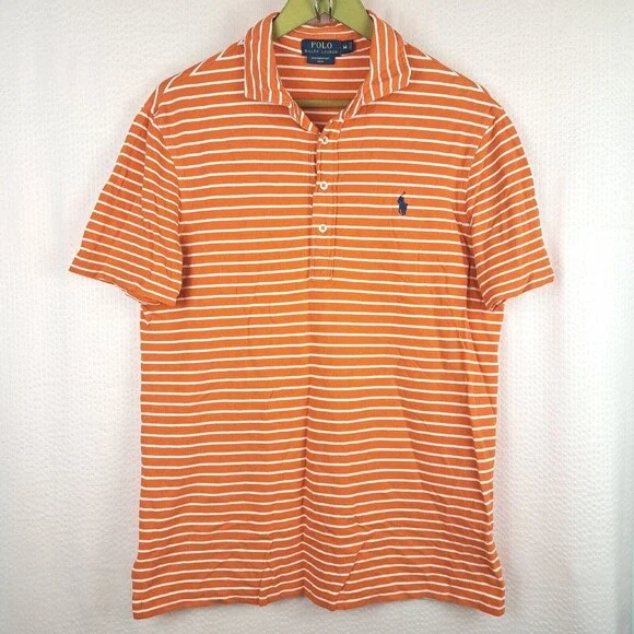 Polo Ralph Lauren Shirt Men's M Orange Striped Featherweight Mesh Short Sleeve