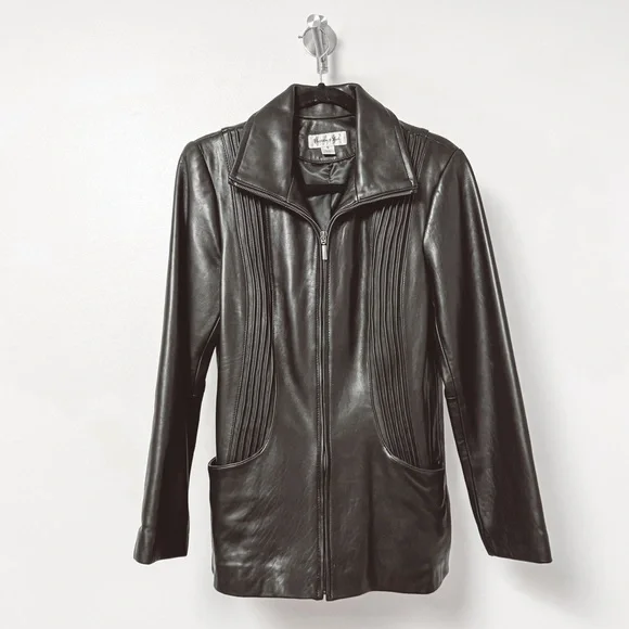 Preston and York Pleated Front‎ Genuine Leather Zip Up Jacket Black Small