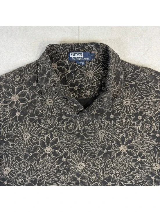 VTG 90s Polo Ralph Lauren Polo Shirt Mens Medium Black Floral Linen Cotton Blend