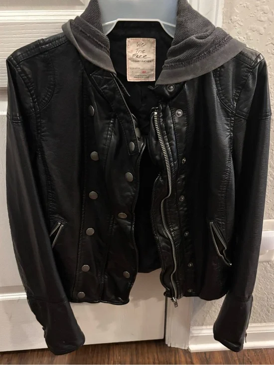 We The Free Black Faux Leather Hooded Bomber with Snap Front
