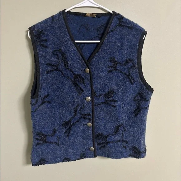 Vintage Tsunami Horse Print Vest Blue Mohair Alpaca Aztec Size Medium Equestrian