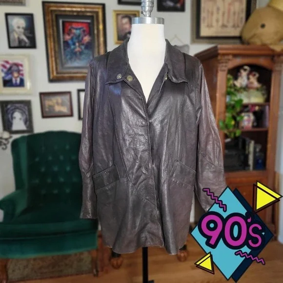 Luigui‎ M Genuine Leather Jacket RARE Vintage 90s Brown Collared Coat Women's
