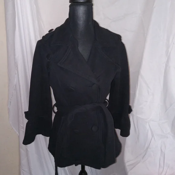 Wet Seal Black Pea Coat 3/4 Flounce Sleeves Womens Size Medium