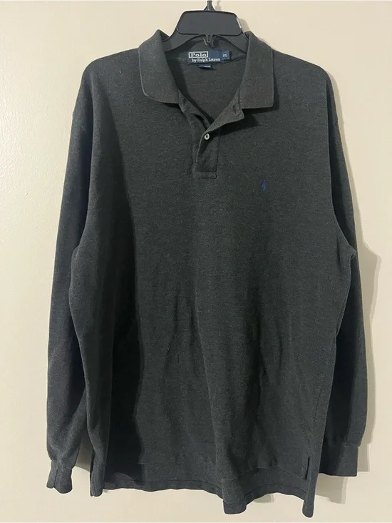 Polo by Ralph Lauren Men's Oversized Long-Sleeve Charcoal Polo Shirt Sz-Men’s XL